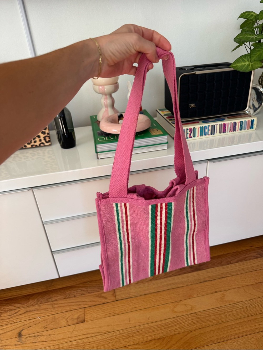 Pink striped summer canvas shoulder bag